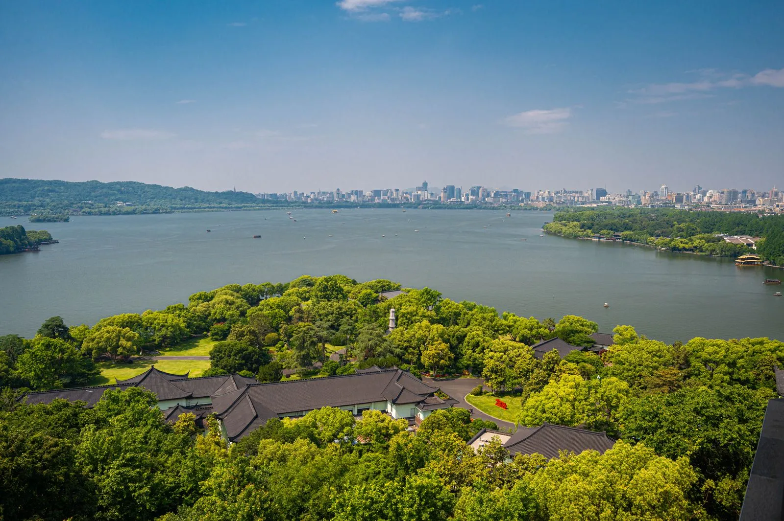 West Lake island and Hangzhou skyline