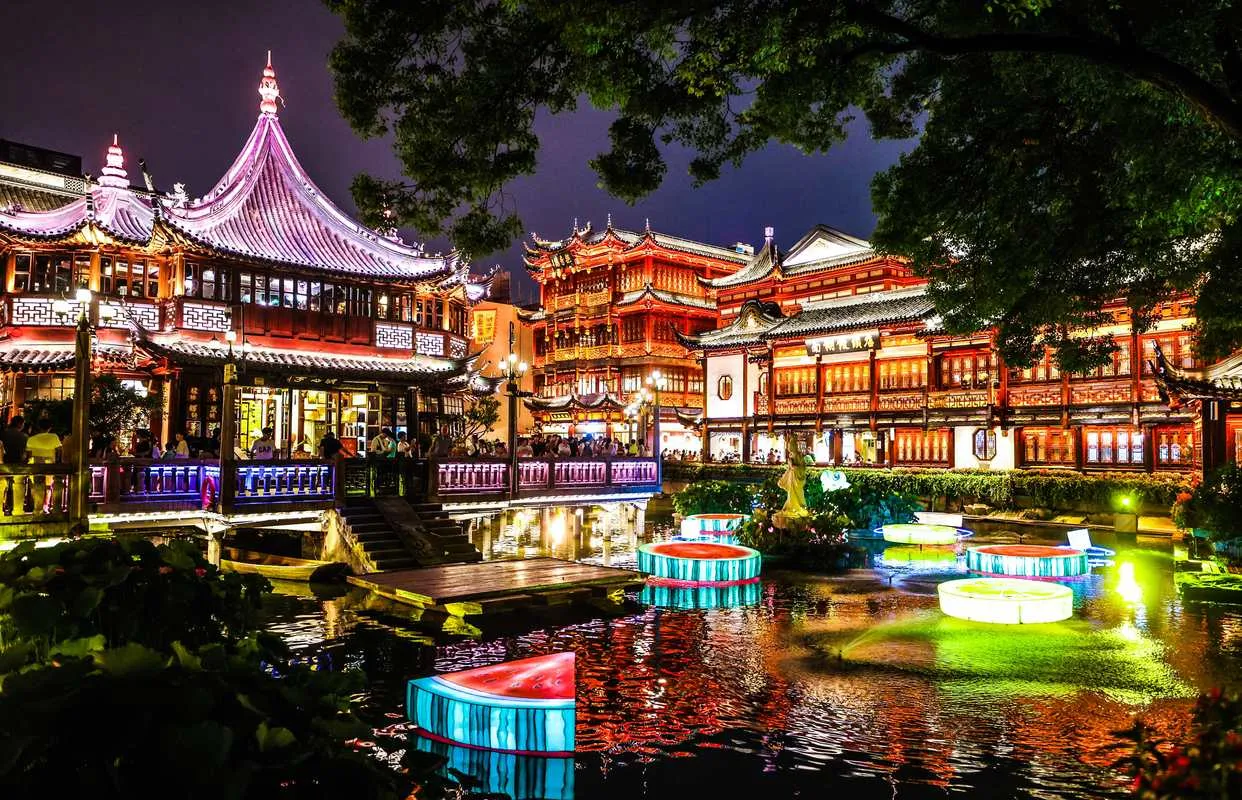 Yu Garden's lantern-lit bridge and pavilion