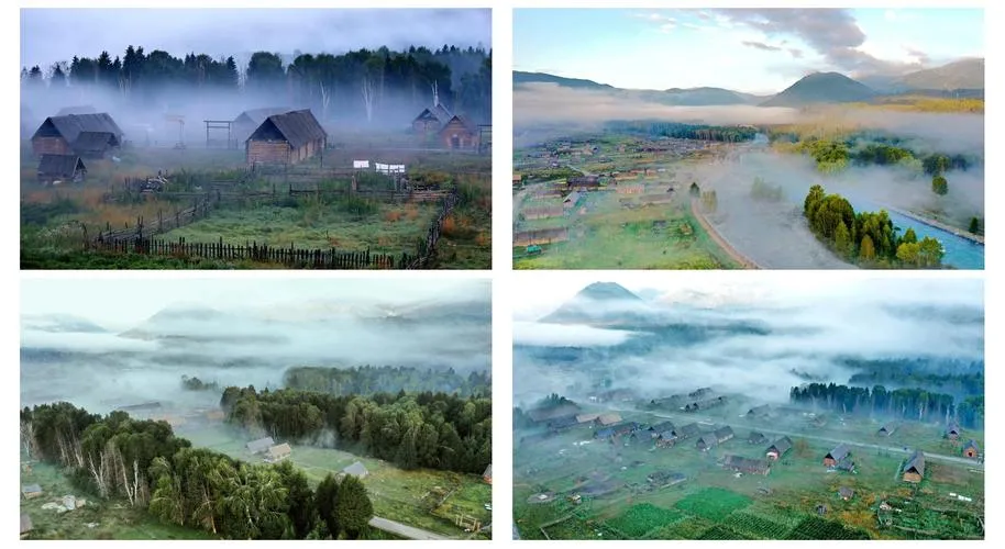 Hemu village at dawn, mist over Tuva log houses