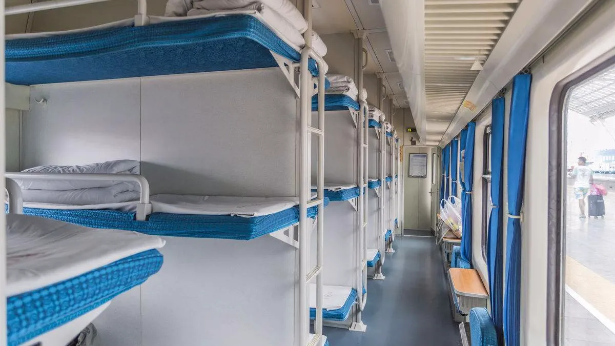 Hard sleeper compartment on a Chinese train — six berths stacked three-high in a semi-open layout