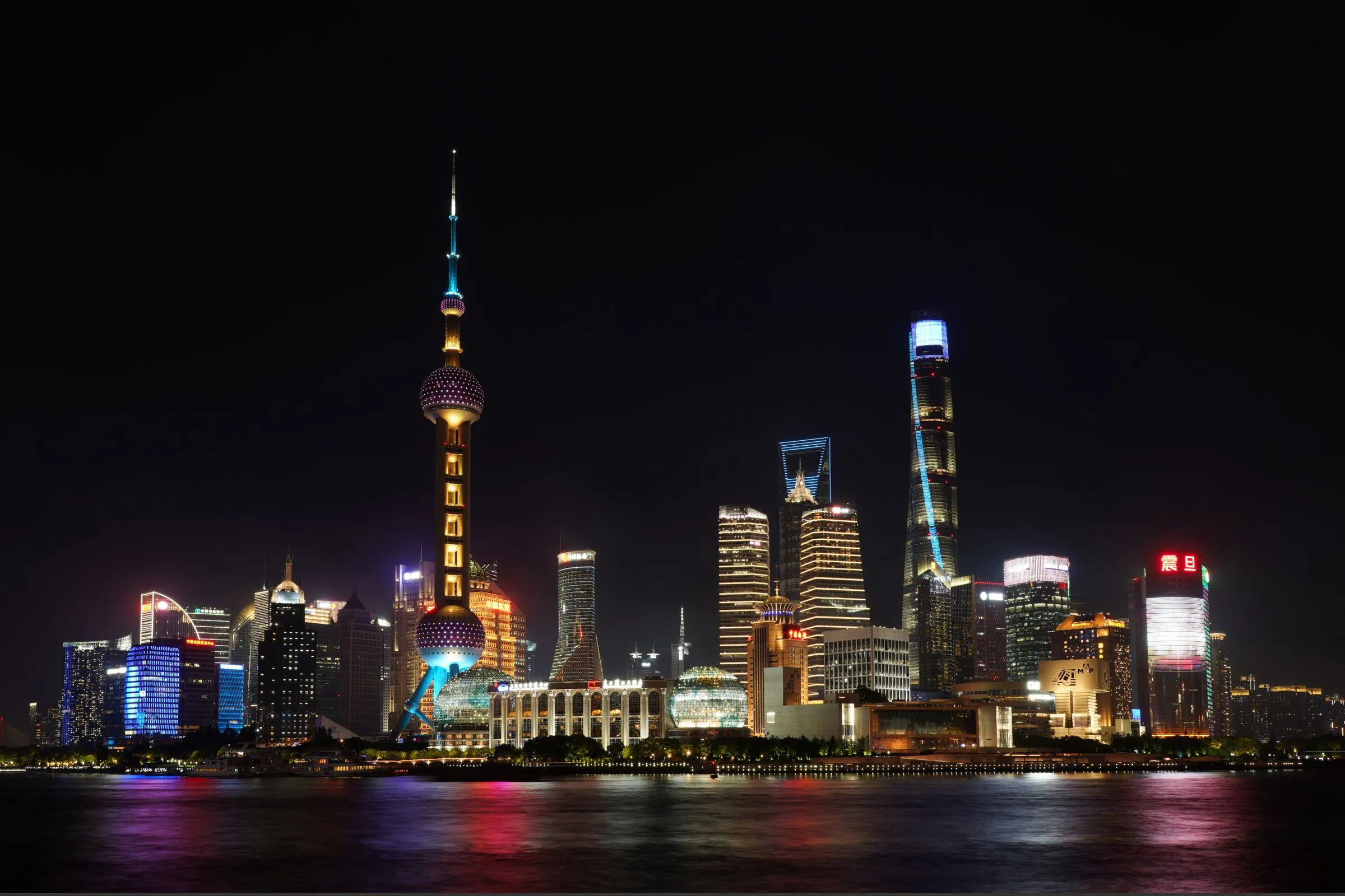 The Lujiazui skyline across the Huangpu River, the view the New Year's Eve crowd at the Bund comes for. The lights stay on all night; no official show begins.