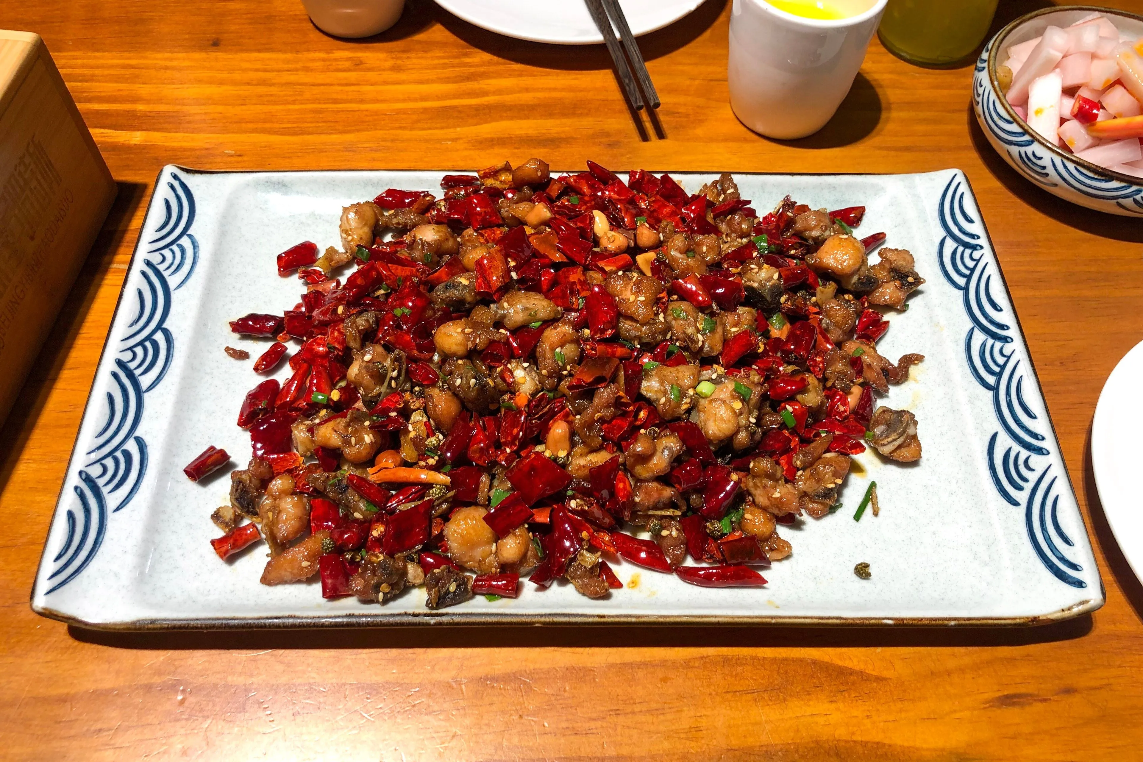 Geleshan laziji — crisp chicken cubes hunted out of a plateful of dried chillies, Chongqing