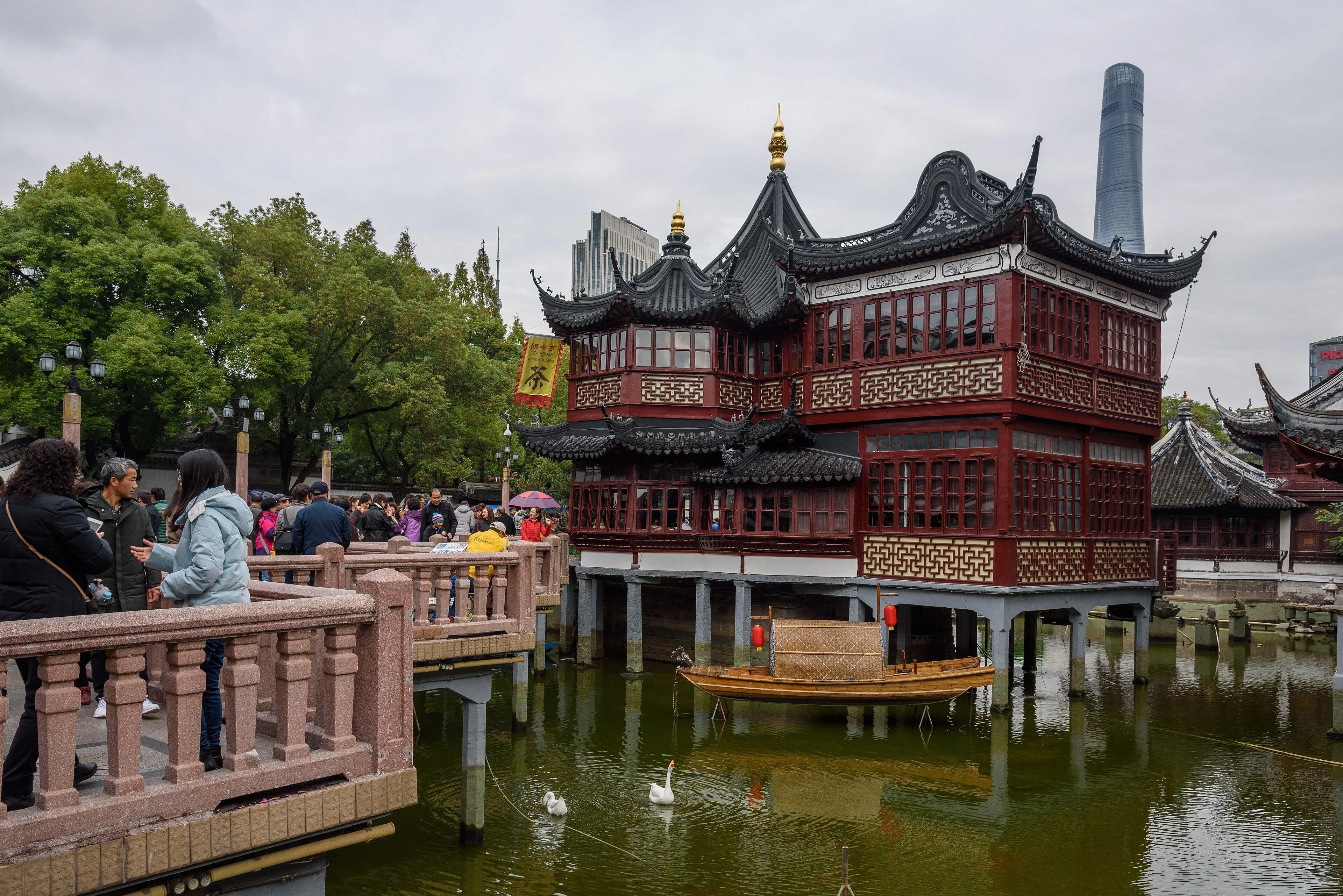 The Huxinting Teahouse on its zigzag bridge beside Yu Garden, Shanghai
