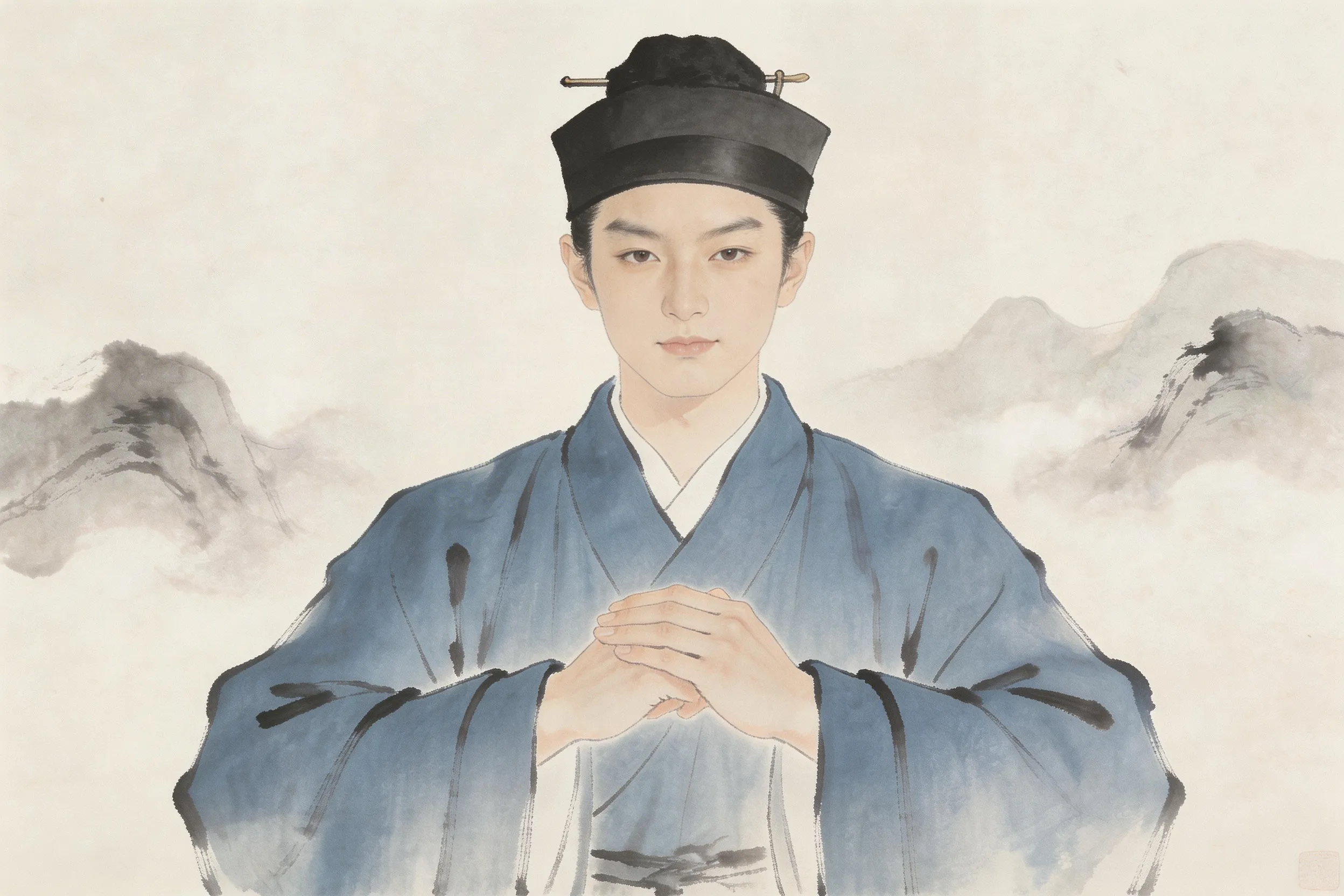 A traditional Chinese ink painting of a figure performing the gongshou greeting, hands clasped in front of the chest