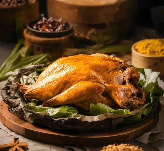 Beggar's Chicken — cracking open the hardened clay shell at the table, lotus-leaf steam rising