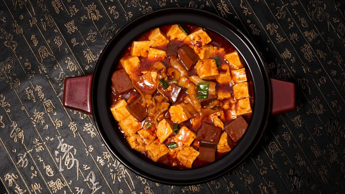 Mapo Tofu — soft tofu cubes in a fiery, oily Sichuan pepper sauce