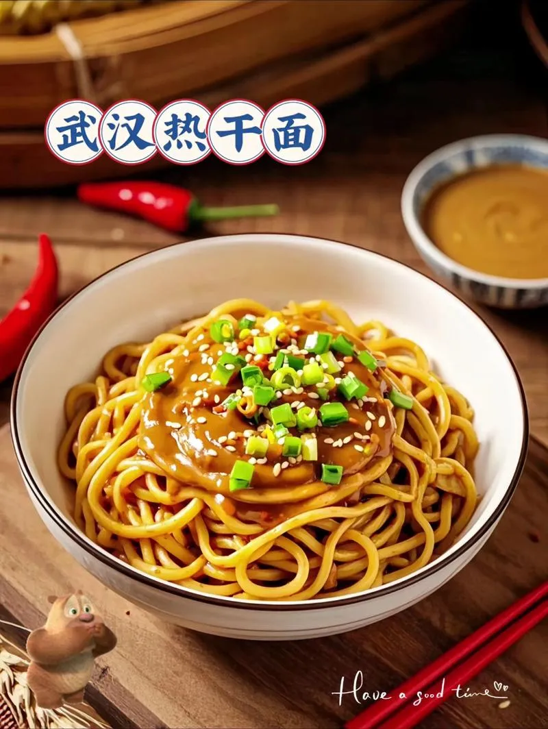 Hot Dry Noodles — alkaline noodles drenched in sesame paste, topped with scallions and pickled radish